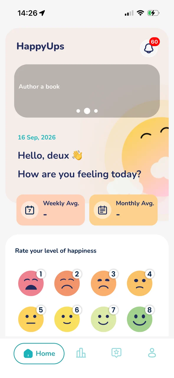 HappyUps app home screen: How are you feeling today? and the happiness rating scale